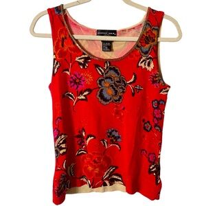 August Silk Red Silk Knit Tank Top with Floral Pattern and‎ Beaded Neckline